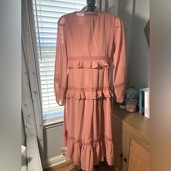 NWOT ASOS SIZE 4 women’s SALMON CHIFFON LINED EYELET BUTTON RUFFLE DRESS - Picture 2 of 5